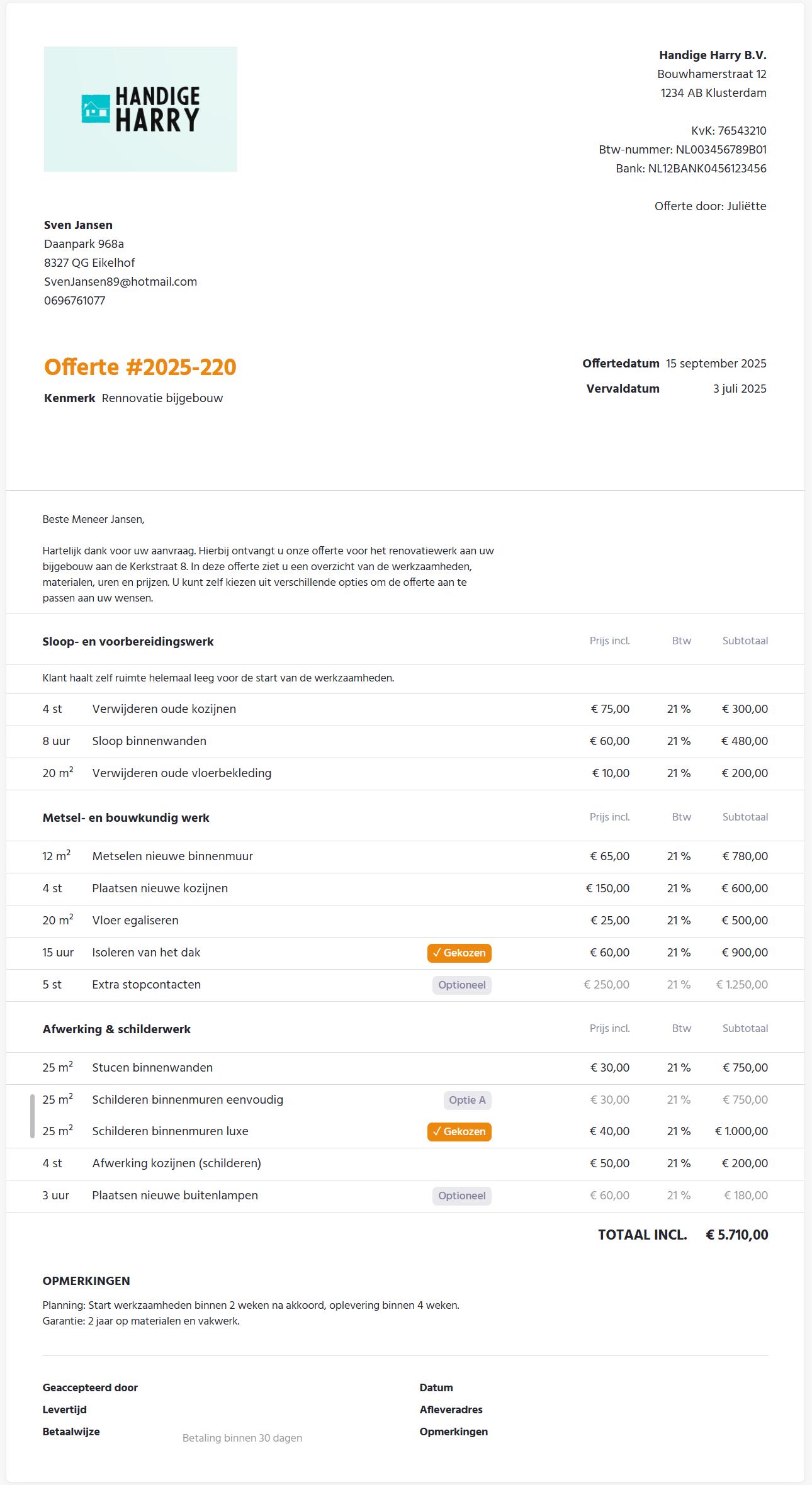 Voorbeeld offerte aannemer