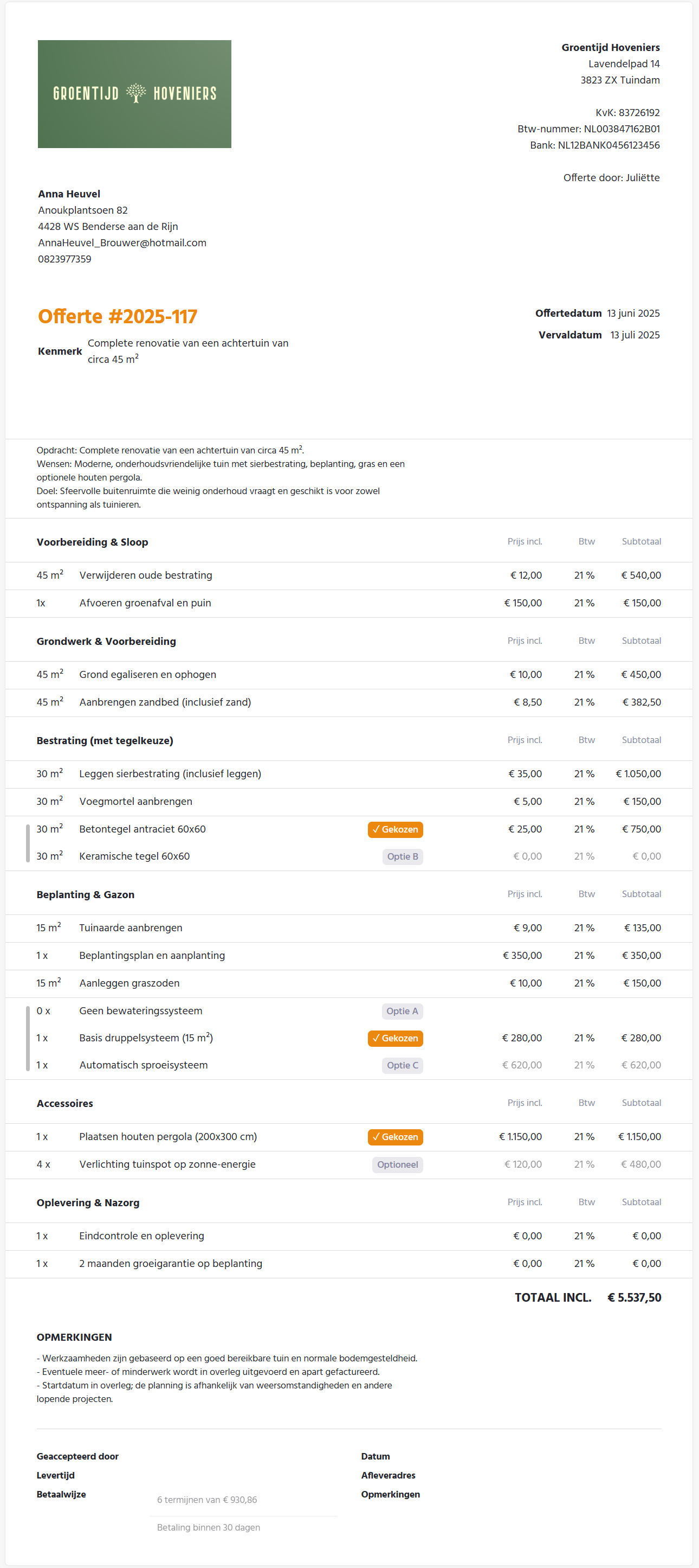 Voorbeeld offerte hovenier