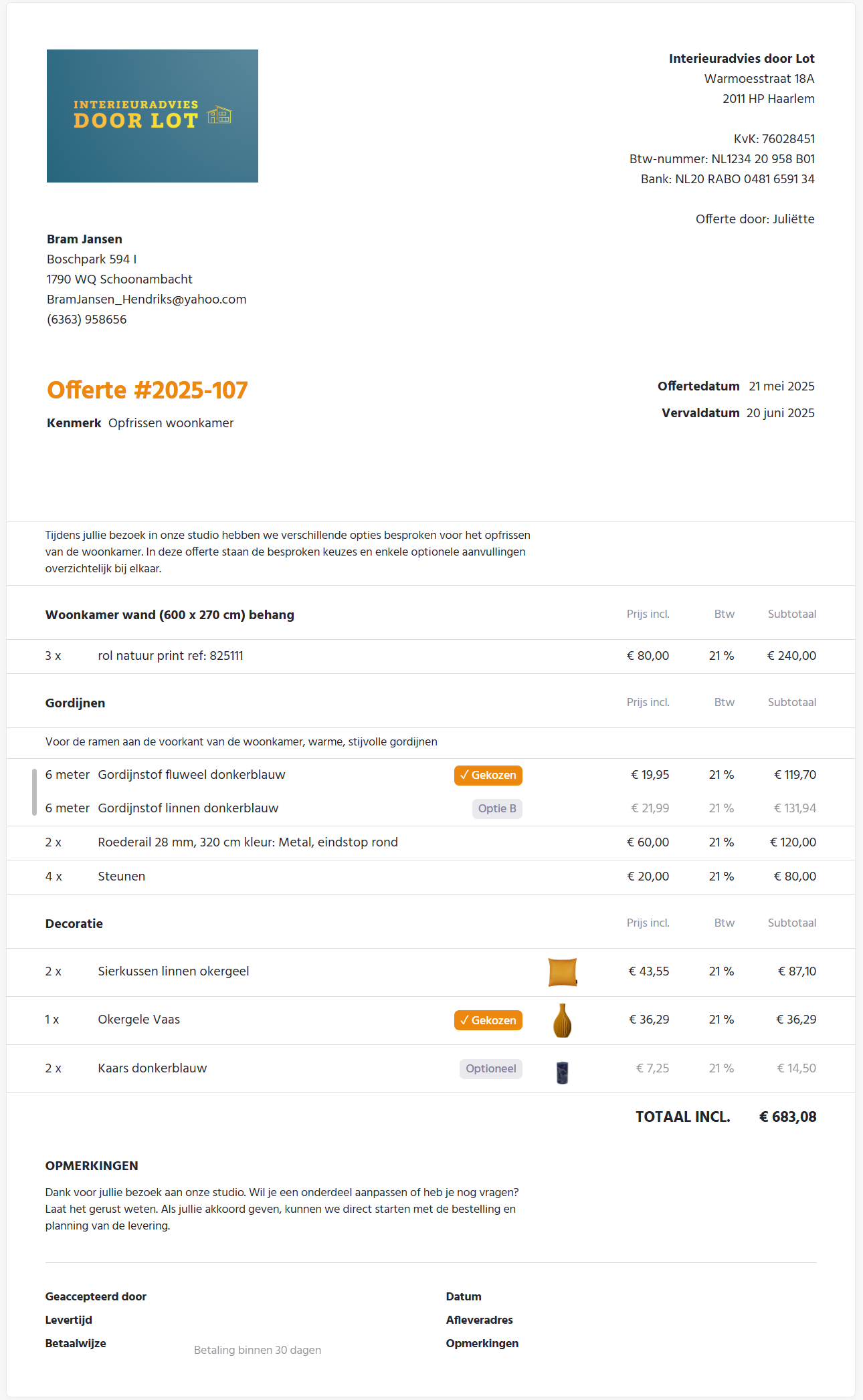 Voorbeeld offerte interieuradvies