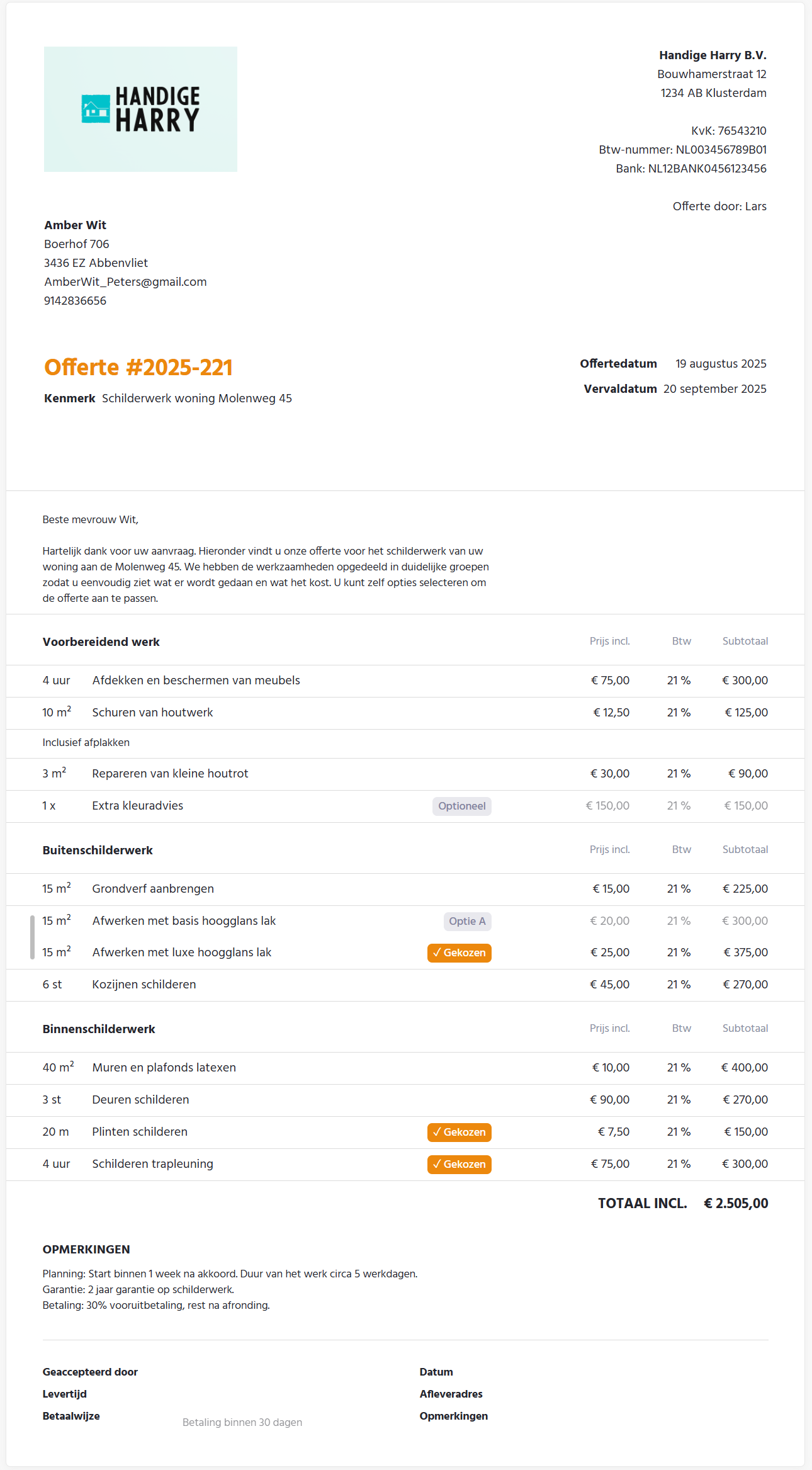 Voorbeeld offerte schilder